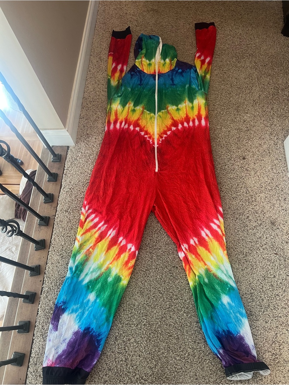 Adult Rainbow Tie-Dye One-Piece Jumpsuit with Hood